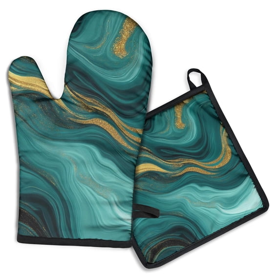 Teal Gold Marble Kitchen Oven Mitt and Pot Holder Sets 2 Pcs for Baking, Cooking and Grilling, Heat Resistant Up To 392 °F