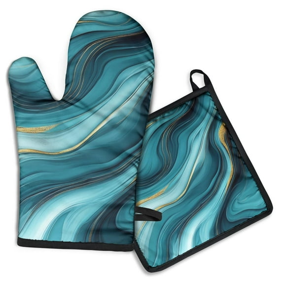 Teal Gold Marble Kitchen Oven Mitt and Pot Holder Sets 2 Pcs for Baking, Cooking and Grilling, Heat Resistant Up To 392 °F