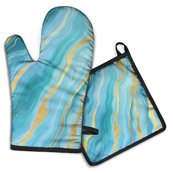 Teal Gold Marble Kitchen Oven Mitt and Pot Holder Sets 2 Pcs for Baking, Cooking and Grilling, Heat Resistant Up To 392 °F