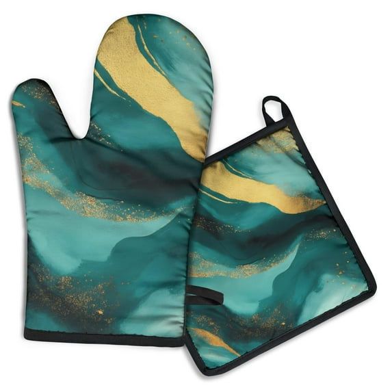 Teal Gold Marble Kitchen Oven Mitt and Pot Holder Sets 2 Pcs for Baking, Cooking and Grilling, Heat Resistant Up To 392 °F