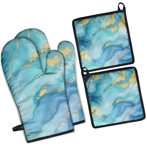 Teal Gold Marble Kitchen Oven Mitt and Pot Holder Sets 4 Pcs for Baking, Cooking and Grilling, Heat Resistant Up To 392 °F