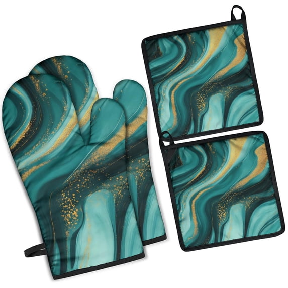 Teal Gold Marble Kitchen Oven Mitt and Pot Holder Sets 4 Pcs for Baking, Cooking and Grilling, Heat Resistant Up To 392 °F