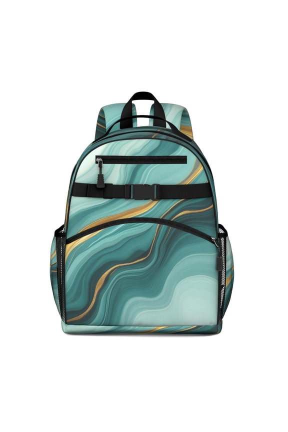 Teal Gold Marble Pattern Backpack for School,Cute School Bag,Schoolbag with Adjustable Shoulder Straps & Padded Back,15.25"x11.5"x5.25"