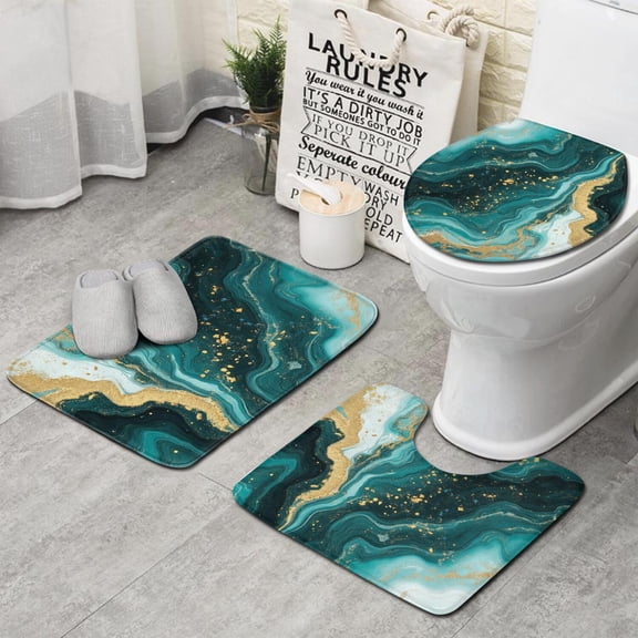 Teal Gold Marble Pattern Bathroom Rugs Sets 3 Piece,Toilet Cover Set,Absorbent Non Slip Bathroom Mats Sets with U-Shaped Contour Rug Toilet Rug Set