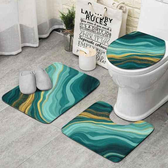 Teal Gold Marble Pattern Bathroom Rugs Sets 3 Piece,Toilet Cover Set,Absorbent Non Slip Bathroom Mats Sets with U-Shaped Contour Rug Toilet Rug Set