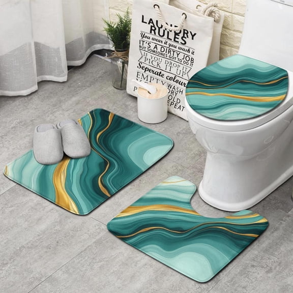 Teal Gold Marble Pattern Bathroom Rugs Sets 3 Piece,Toilet Cover Set,Absorbent Non Slip Bathroom Mats Sets with U-Shaped Contour Rug Toilet Rug Set