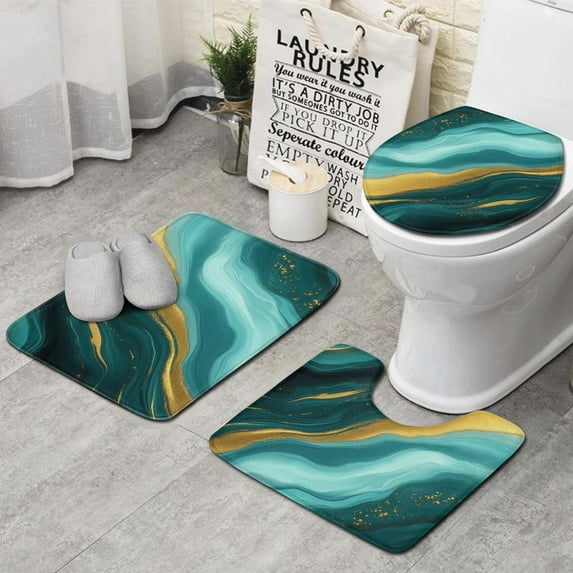 Teal Gold Marble Pattern Bathroom Rugs Sets 3 Piece,Toilet Cover Set,Absorbent Non Slip Bathroom Mats Sets with U-Shaped Contour Rug Toilet Rug Set