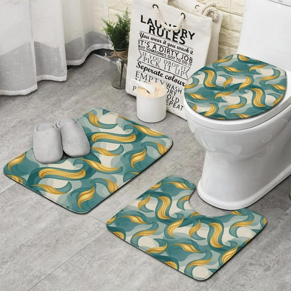Teal Gold Marble Pattern Bathroom Rugs Sets 3 Piece,Toilet Cover Set,Absorbent Non Slip Bathroom Mats Sets with U-Shaped Contour Rug Toilet Rug Set