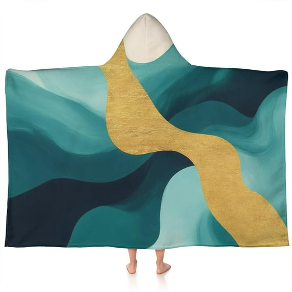 Teal Gold Marble Pattern Hooded Bath Towel,60"x35" for Ages 3 To 12 Kids, Quick Dry Lightweight Soft Microfiber Hood Beach Towel Cover Up for Kids
