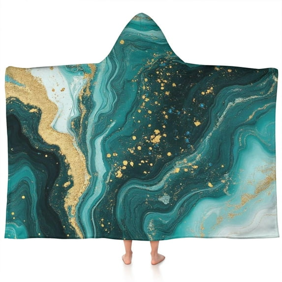 Teal Gold Marble Pattern Hooded Bath Towel,60"x35" for Ages 3 To 12 Kids, Quick Dry Lightweight Soft Microfiber Hood Beach Towel Cover Up for Kids