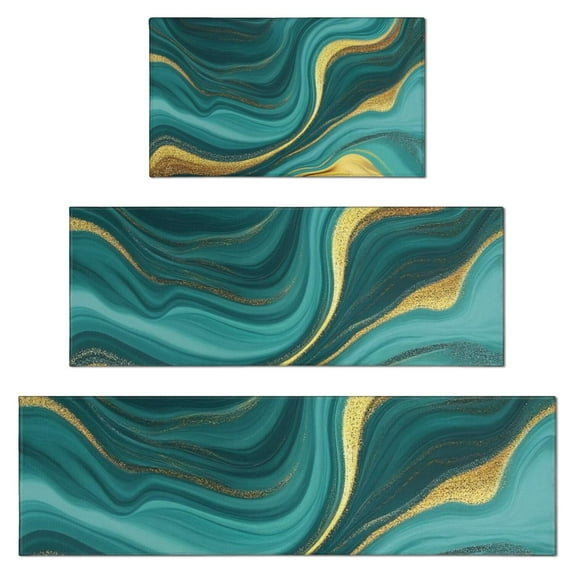 Teal Gold Marble Pattern Kitchen Rugs Sets Of 3,Kitchen Runner Rugs Non Skid Washable,Decorative Kitchen Floor Mats for Kitchen,Sink,Laundry,17"x30"+ 17"x47" + 17"x59"