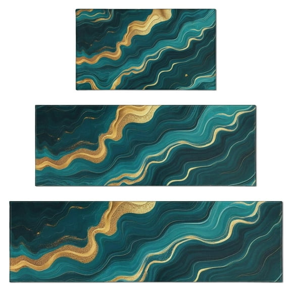 Teal Gold Marble Pattern Kitchen Rugs Sets Of 3,Kitchen Runner Rugs Non Skid Washable,Decorative Kitchen Floor Mats for Kitchen,Sink,Laundry,17"x30"+ 17"x47" + 17"x59"