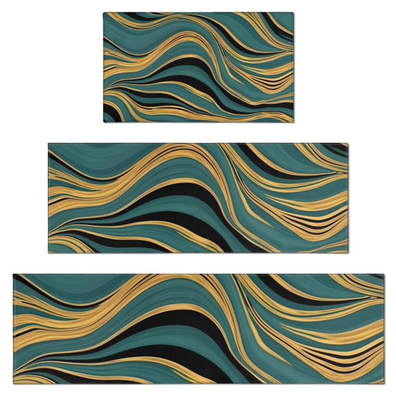 Teal Gold Marble Pattern Kitchen Rugs Sets Of 3,Kitchen Runner Rugs Non Skid Washable,Decorative Kitchen Floor Mats for Kitchen,Sink,Laundry,17"x30"+ 17"x47" + 17"x59"