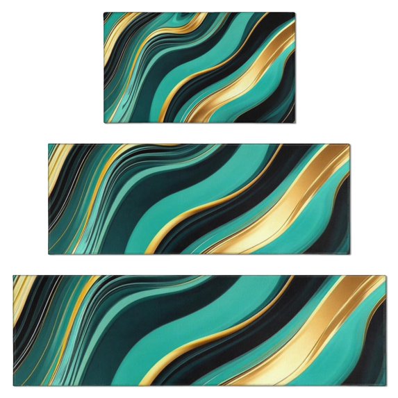 Teal Gold Marble Pattern Kitchen Rugs Sets Of 3,Kitchen Runner Rugs Non Skid Washable,Decorative Kitchen Floor Mats for Kitchen,Sink,Laundry,17"x30"+ 17"x47" + 17"x59"