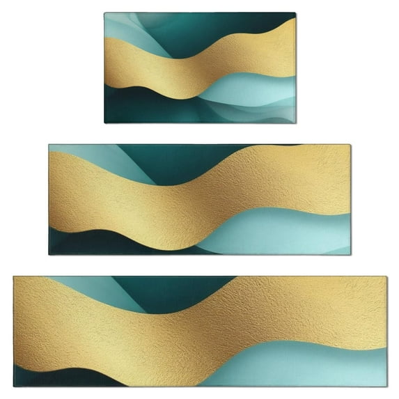 Teal Gold Marble Pattern Kitchen Rugs Sets Of 3,Kitchen Runner Rugs Non Skid Washable,Decorative Kitchen Floor Mats for Kitchen,Sink,Laundry,17"x30"+ 17"x47" + 17"x59"