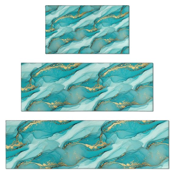Teal Gold Marble Pattern Kitchen Rugs Sets Of 3,Kitchen Runner Rugs Non Skid Washable,Decorative Kitchen Floor Mats for Kitchen,Sink,Laundry,17"x30"+ 17"x47" + 17"x59"
