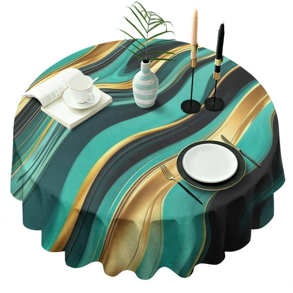 Teal Gold Marble Pattern Round Tablecloth 60"x60",Wrinkle Wipeable Table Cloth for Kitchen Dining Room Picnic Patio Party