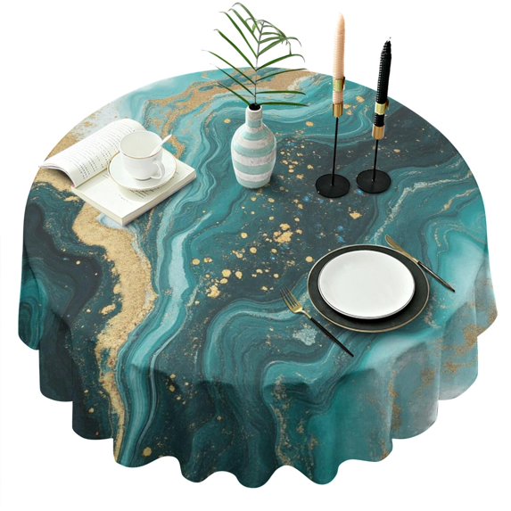 Teal Gold Marble Pattern Round Tablecloth 60"x60",Wrinkle Wipeable Table Cloth for Kitchen Dining Room Picnic Patio Party