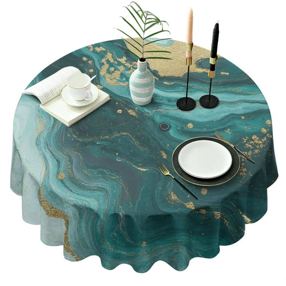 Teal Gold Marble Pattern Round Tablecloth 60"x60",Wrinkle Wipeable Table Cloth for Kitchen Dining Room Picnic Patio Party