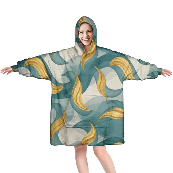 Teal Gold Marble Pattern Wearable Oversized Blanket,Wearable Blanket Hoodie for Adults,Cozy Hooded Blankets with Super Pockets,Super Warm Fuzzy Pullover for Women & Men
