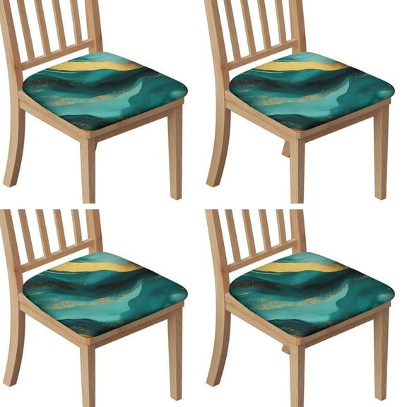 Teal Gold Marble Seat Covers for Dining Room Chairs Set Of 4,Stretch Printed Washable Chair Seat Cover with Elastic Ties and Button,Removable Waterproof Couch Cushion Covers