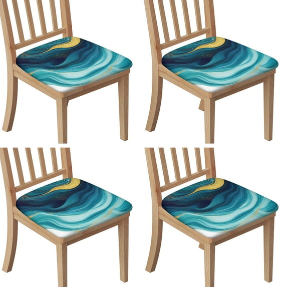 Teal Gold Marble Seat Covers for Dining Room Chairs Set Of 4,Stretch Printed Washable Chair Seat Cover with Elastic Ties and Button,Removable Waterproof Couch Cushion Covers