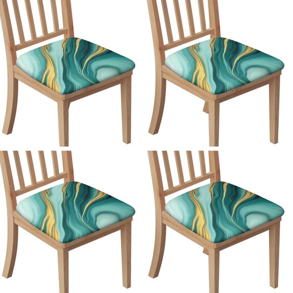 Teal Gold Marble Seat Covers for Dining Room Chairs Set Of 4,Stretch Printed Washable Chair Seat Cover with Elastic Ties and Button,Removable Waterproof Couch Cushion Covers