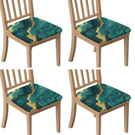 Teal Gold Marble Seat Covers for Dining Room Chairs Set Of 4,Stretch Printed Washable Chair Seat Cover with Elastic Ties and Button,Removable Waterproof Couch Cushion Covers
