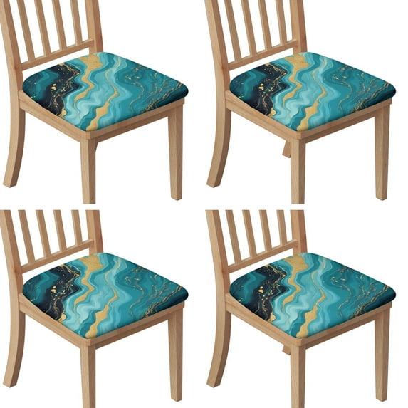 Teal Gold Marble Seat Covers for Dining Room Chairs Set Of 4,Stretch Printed Washable Chair Seat Cover with Elastic Ties and Button,Removable Waterproof Couch Cushion Covers