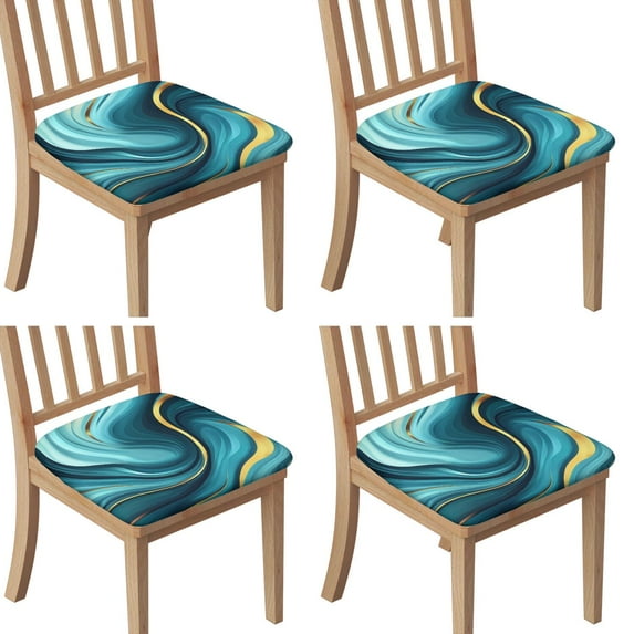 Teal Gold Marble Seat Covers for Dining Room Chairs Set Of 4,Stretch Printed Washable Chair Seat Cover with Elastic Ties and Button,Removable Waterproof Couch Cushion Covers