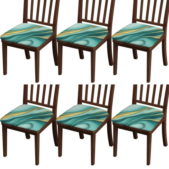 Teal Gold Marble Seat Covers for Dining Room Chairs Set Of 6,Stretch Printed Washable Chair Seat Cover with Elastic Ties and Button,Removable Waterproof Couch Cushion Covers