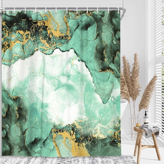 Teal Gold Marble Shower Curtain, Abstract Modern Colourful Ink Paint Veins Texture Crack Shower Curtain Sets, Fabric 3D Printing Durable Waterproof Bath Curtain with Hooks, 72X72in