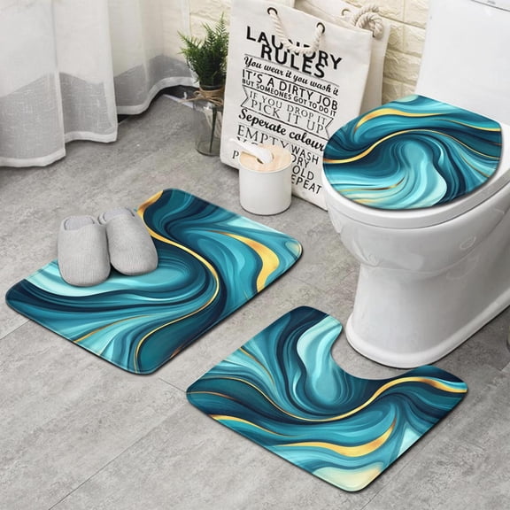 Teal and Gold Marble Splatter Pattern Bathroom Rugs Sets 3 Piece,Toilet Cover Set,Absorbent Non Slip Bathroom Mats Sets with U-Shaped Contour Rug Toilet Rug Set