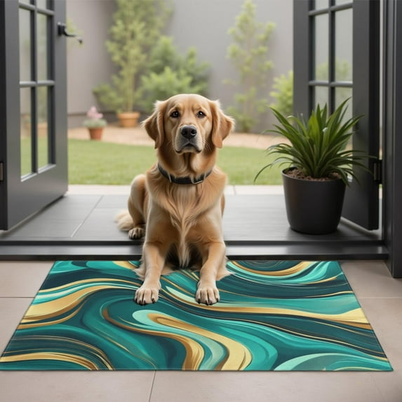 Teal and Gold Marble Swirls Pattern Door Rugs,Washable Non Slip Door Mats Indoor,Decorative Door Mats,Entry Mat Indoor for Entrance,Bedroom,Kitchen,Bathroom,20"x32"