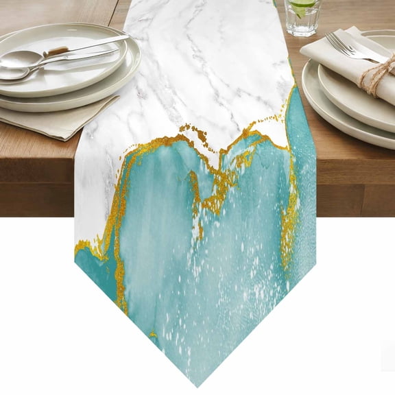 Teal Gold Marble Table Runner 70 Inches Long Abstract Wave Modern Luxury Table Runners for Dining Room Tabletop Dresser Scarf Home Party Banquet Wedding Holiday Decoration