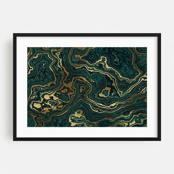 Teal and Gold Marble Texture II - Digital Art Abstract Geometric Pattern Modern Art Psychedelic Surrealism Art Deco Black Framed Wall Art Print 5 x 7 inches