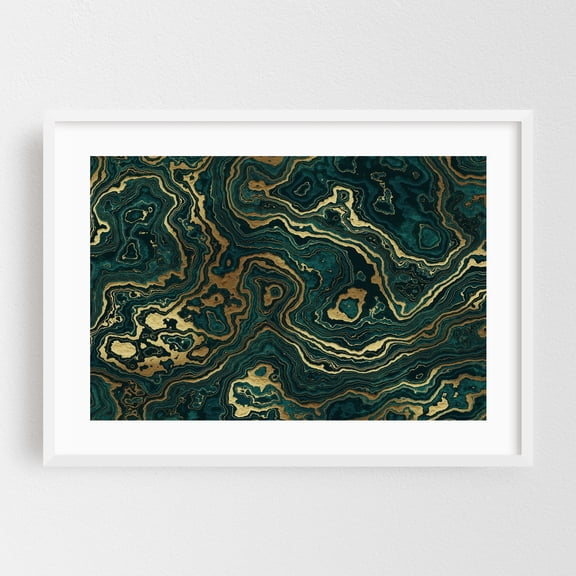 Teal and Gold Marble Texture II - Digital Art Abstract Geometric Pattern Modern Art Psychedelic Surrealism Art Deco White Framed Wall Art Print 5 x 7 inches