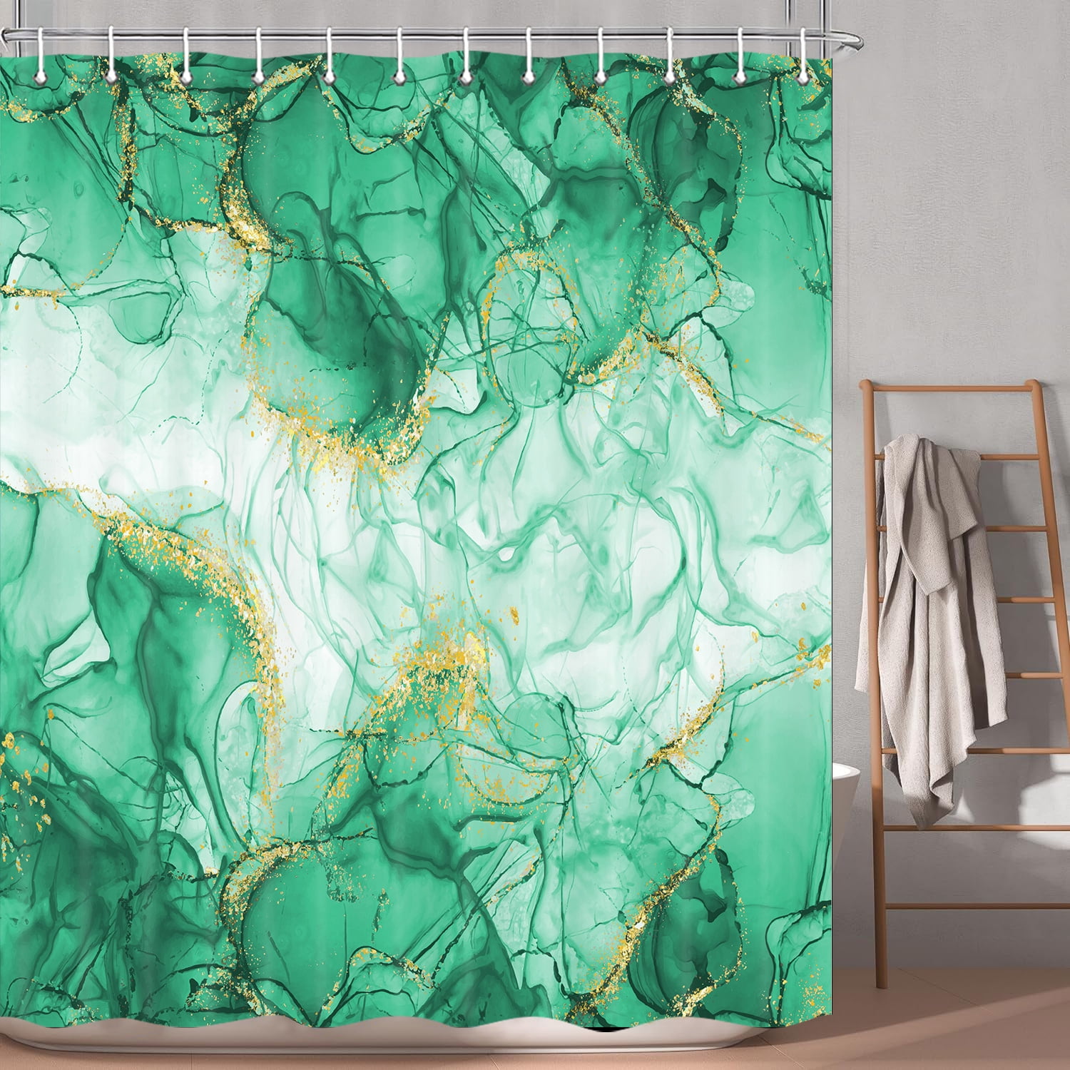 Teal Gold Marble Texture Shower Curtain Sets, Abstract Modern Fabric Shower Curtain for Bathroom