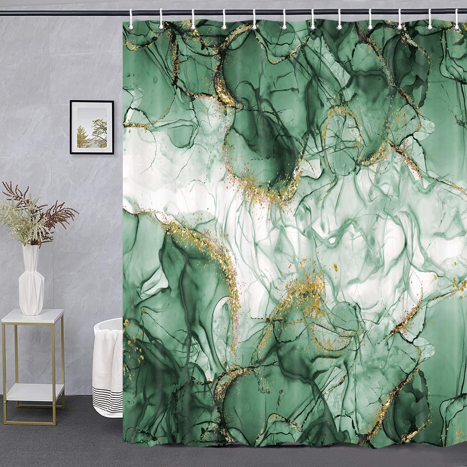 Teal Gold Marble Texture Shower Curtain Sets, Abstract Modern Fabric Shower Curtain for Bathroom, 3D Printing Durable Waterproof Washable Bath Curtain with Hooks,36X72in