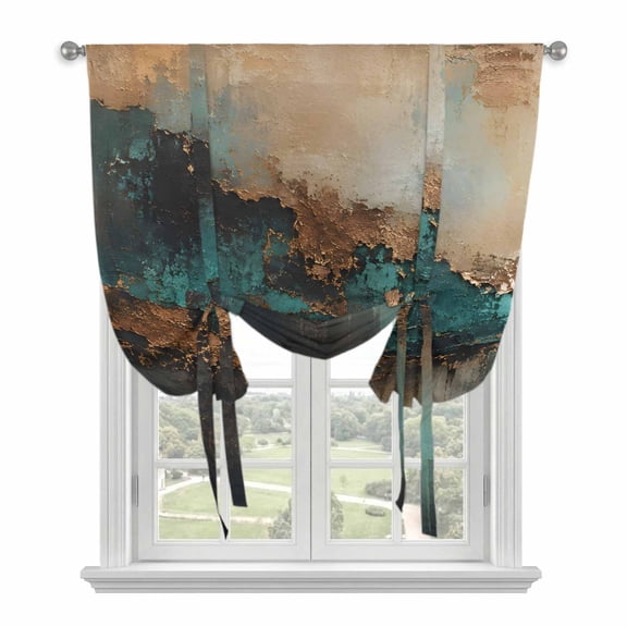 Teal Gold Marble Tie Up Curtains 45 Inches Long, Kitchen Window Curtains Over Sink, Vintage Abstract Ombre Art Small Window Curtains Shade Balloon Curtains Valances for Bedroom/Cafe 34"x45"