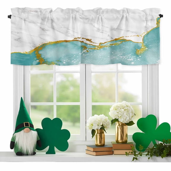 Teal Gold Marble Valances for Windows, Abstract Wave Rod Pocket Valance Short Window Treatments Curtains for Kitchen Bathroom Bedroom Decor, 42 x 12 Inches