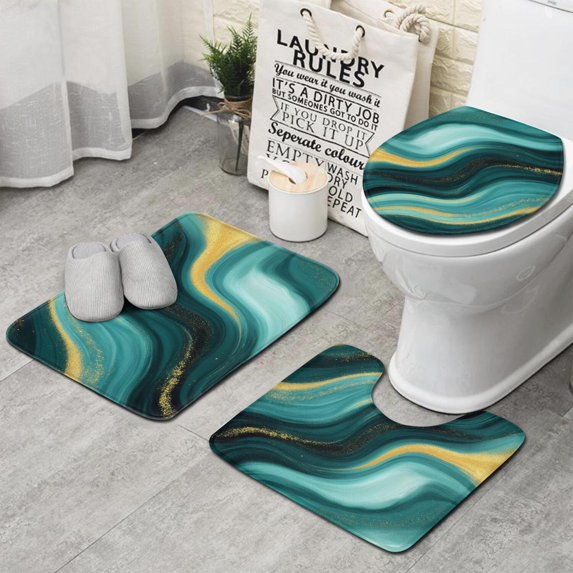 Teal Gold Marble Wave Pattern Bathroom Rugs Sets 3 Piece,Toilet Cover Set,Absorbent Non Slip Bathroom Mats Sets with U-Shaped Contour Rug Toilet Rug Set