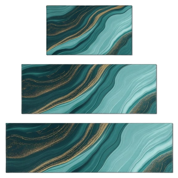 Teal Gold Marble Wave Pattern Kitchen Rugs Sets Of 3,Kitchen Runner Rugs Non Skid Washable,Decorative Kitchen Floor Mats for Kitchen,Sink,Laundry,17"x30"+ 17"x47" + 17"x59"