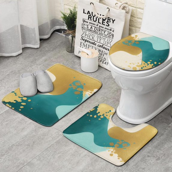 Teal and Gold Marble Wavy Lines Pattern Bathroom Rugs Sets 3 Piece,Toilet Cover Set,Absorbent Non Slip Bathroom Mats Sets with U-Shaped Contour Rug Toilet Rug Set