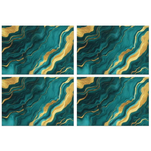 Teal and Gold Marble Wavy Veins Pattern Summer Placemats Table Placemats Set Of 4-Linen Kitchen Washable Placemats Table Mats 11.8"x17.7" Non-Slip Heat Resistant