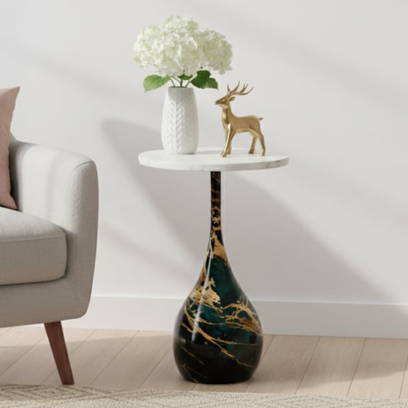 Teal-Gold Marbled Side Table With White Marble Top Round End Table