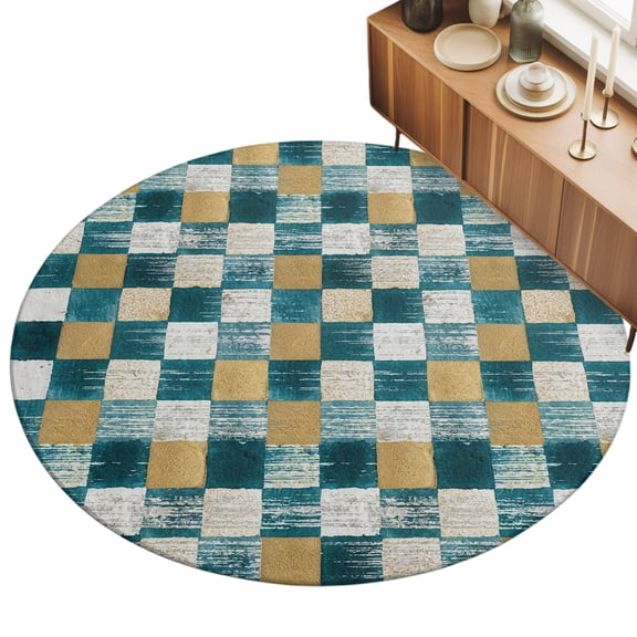 Teal Gold Mosaic Area Rugs 3' (Round) Rustic Abstract Checkerboard Grids Floor Rug Non Slip Low Pile Ultra Soft Throw Carpet for Entryway Indoor Entrance Kitchen Bathroom