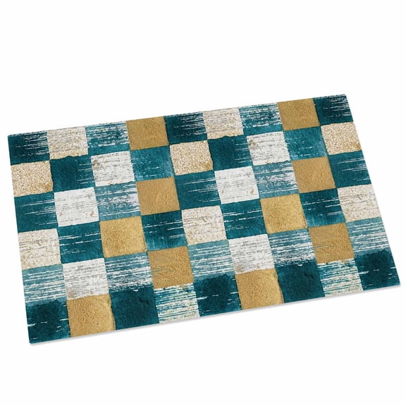 Teal Gold Mosaic Door Mat 20x31.5 Inch Rustic Abstract Checkerboard Grids Entryway Rug with Non-Slip Rubber, Front Door Mat Indoor Floor Mats for Living Room Bathroom Bedroom Home Office