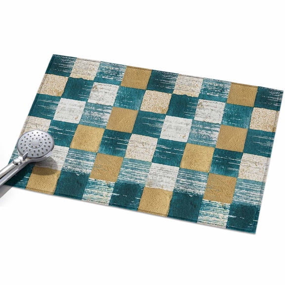 Teal Gold Mosaic Front Door Rugs 2x3ft Rustic Abstract Checkerboard Grids Washable Rug, Non Slip Indoor Carpet Absorbent Floor Mat for Living Room Bedroom Dining Room