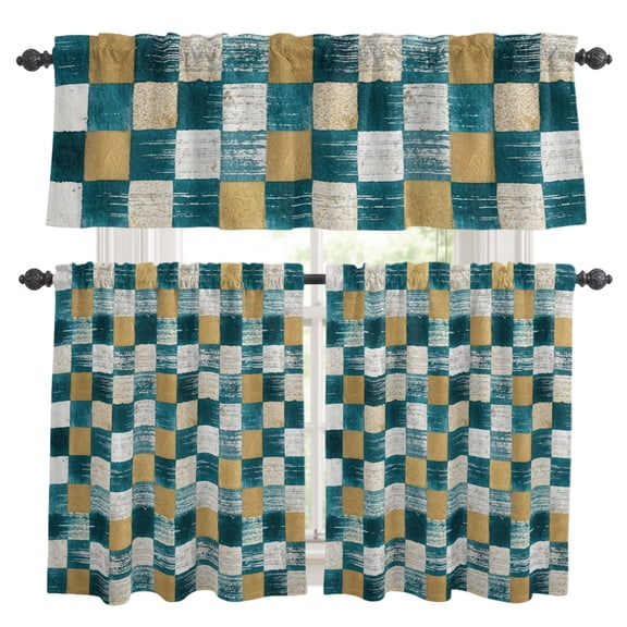 Teal Gold Mosaic Kitchen Curtains and Valances Set, Rustic Abstract Checkerboard Grids 3 Piece Curtains Valances and Tiers Set Rod Pocket for Kitchen Bathroom Windows 24 Inch